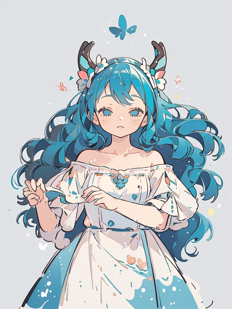 bust-up, 1girl, long wavy tosca blue hair, deer ears, white deer antlers, butterfly hair ornament, blue flower, elegant white off shoulder dress, teaseful expression, splash background, solo, sketch, portrait, simple background