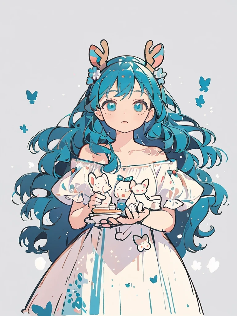 bust-up, 1girl, long wavy tosca blue hair, deer ears, white deer antlers, butterfly hair ornament, blue flower, elegant white off shoulder dress, teaseful expression, splash background, solo, sketch, portrait, simple background