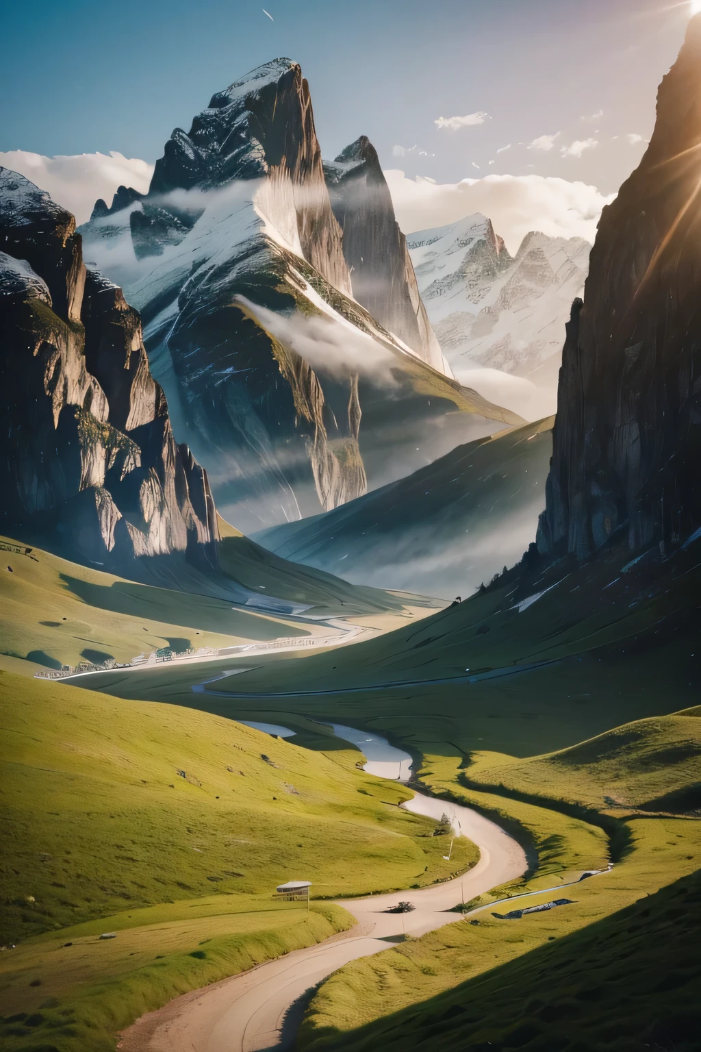 ((best qualityer)), ((work of art)), (detailded), 8K, 4K, hight contrast, work of art, a landscape similar to the work The Lord of the Rings, clear lighting, detailed shadows 
