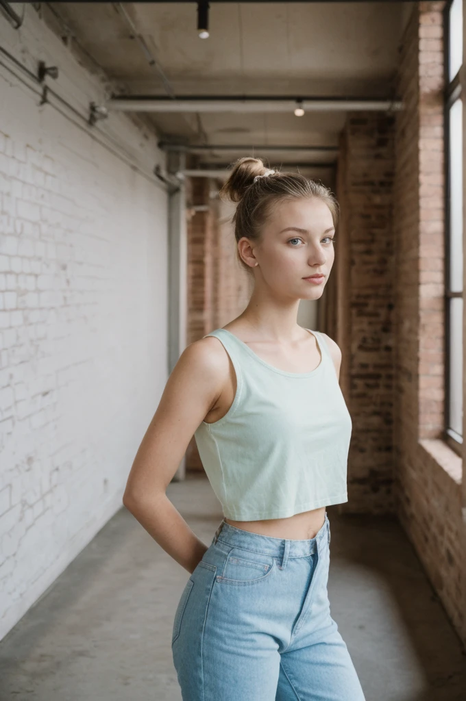 her name is An, high quality, 1girl, ((20-year-old fit Caucasian woman)), ((20 years old)), ((fit)), ((hair in a bun)), pose: standing, wearing pastel colored unique gen Z modern wear, BACKGROUND: Your apartment is in a converted industrial loft, with exposed brick walls and large windows overlooking the bustling city.