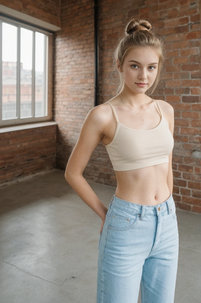her name is An, high quality, 1girl, ((20-year-old fit Caucasian woman)), ((20 years old)), ((fit)), ((hair in a bun)), pose: standing, wearing pastel colored unique gen Z modern wear, BACKGROUND: Your apartment is in a converted industrial loft, with exposed brick walls and large windows overlooking the bustling city.