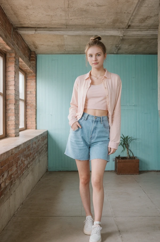 her name is An, high quality, 1girl, ((20-year-old fit Caucasian woman)), ((20 years old)), ((fit)), ((hair in a bun)), pose: standing, wearing unique pastel colored unique gen Z modern wear, BACKGROUND:"Your home is a classic Victorian townhouse, with colorful, ornate facades and views of the Golden Gate Bridge.