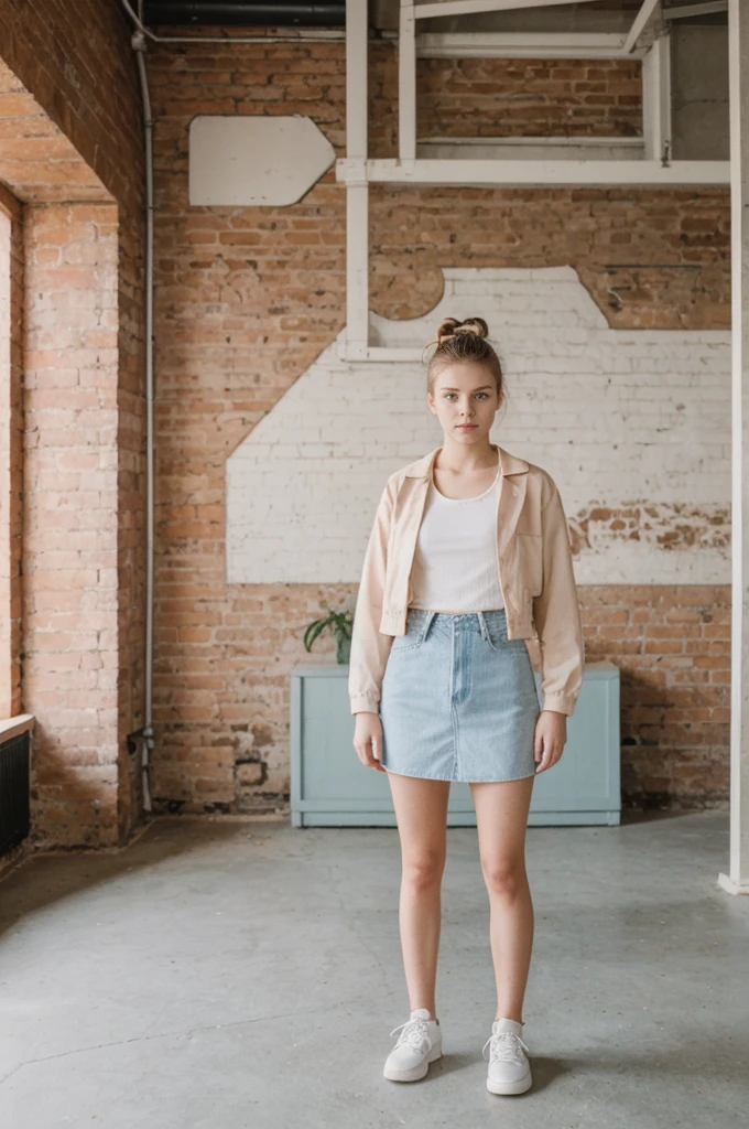her name is An, high quality, 1girl, ((20-year-old fit Caucasian woman)), ((20 years old)), ((fit)), ((hair in a bun)), pose: standing, wearing pastel colored unique gen Z modern wear, BACKGROUND: Your apartment is in a converted industrial loft, with exposed brick walls and large windows overlooking the bustling city.