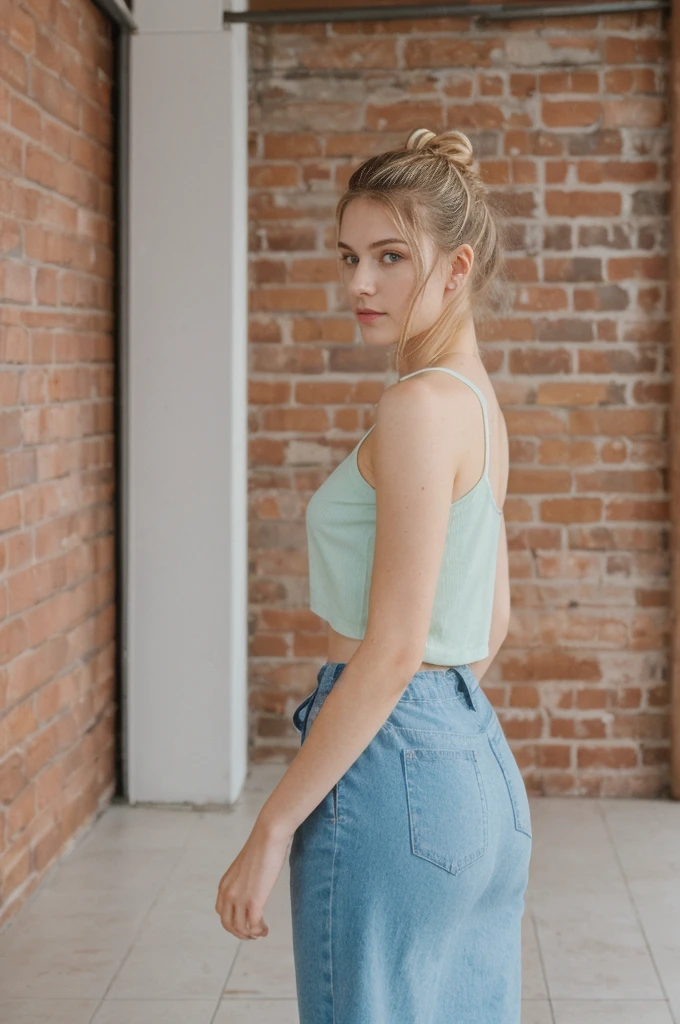 a highly detailed, full body cinematic photo shoot of a cute 9-year-old influencer with a mix of Christina Aguilera and Britney Spears facial features, barely green eyes, a few freckles, and a trendy short haircut. She has an tiny body with measurements 33-24-31 and a sweet and innocent look. The photo is taken from the back, 8k UHD, croped tank top, booty shorts, nice thigh highs, small ass, buenos senos, multicolored hair, twin braids, multicolored hair, soft lighting, film grain, pov, Nikon, high quality, UHD, highres, textured skin, super detail, anatomically correct