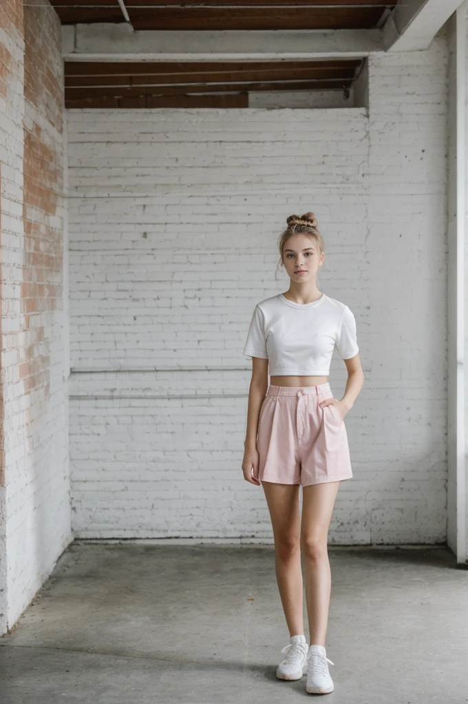 her name is An, high quality, 1girl, ((20-year-old fit Caucasian woman)), ((20 years old)), ((fit)), ((hair in a bun)), pose: standing, wearing pastel colored unique gen Z modern wear, BACKGROUND: Your apartment is in a converted industrial loft, with exposed brick walls and large windows overlooking the bustling city.
