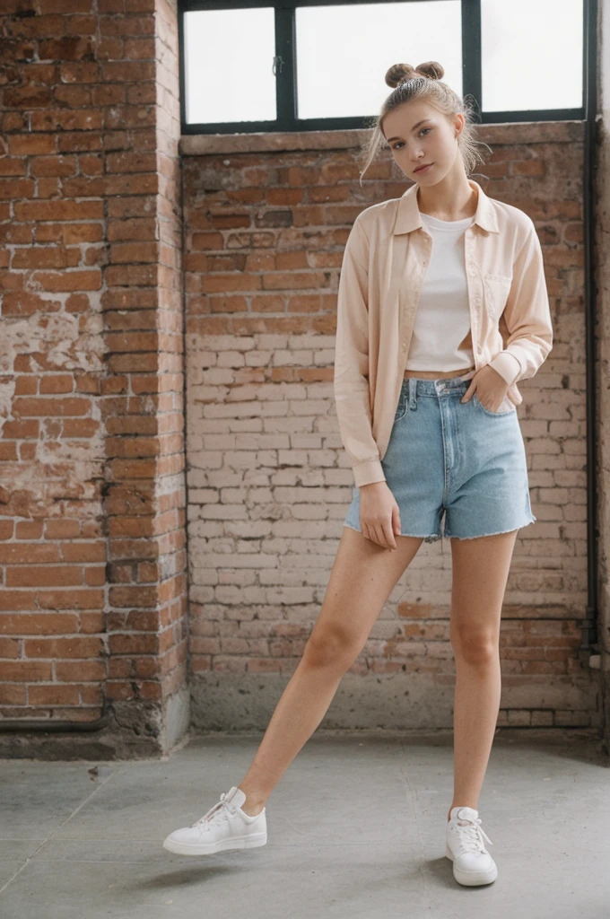 her name is An, high quality, 1girl, ((20-year-old fit Caucasian woman)), ((20 years old)), ((fit)), ((hair in a bun)), pose: standing, wearing unique pastel colored gen Z modern wear, BACKGROUND: Grew up in the cultural heart of Vienna, surrounded by imperial palaces, classical music venues, and charming coffeehouses.