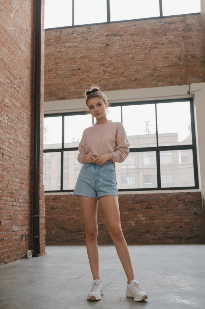 her name is An, high quality, 1girl, ((20-year-old fit Caucasian woman)), ((20 years old)), ((fit)), ((hair in a bun)), pose: standing, wearing pastel colored unique gen Z modern wear, BACKGROUND: Your apartment is in a converted industrial loft, with exposed brick walls and large windows overlooking the bustling city.