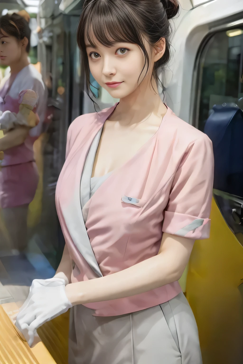 (masterpiece:1.2, Highest quality:1.2), 32k HDR, High resolution, (alone、1 girl)、 (Height: 160cm)、(On the rooftop of a building in the daytime、Professional Lighting)、Building rooftop background、(Nankai train crew uniform pinkを着たリアルスタイル)、(Nankai train crew uniform pink short sleeve collarless pink jacket、Nankai Train Crew Uniform Pink Collarless Short Sleeve Blouse、Nankai Train Crew Uniform Pink Grey Knee-length Culottes)、(The pink jacket is showing from the culottes.)、Dark brown hair、(Hair tied up、Hair tied up、Evening curly hairstyle)、Dark brown hair、Long Shot、Big Breasts、Thin legs、((Great hands:2.0)),((Harmonious body proportions:1.5)),((Normal limbs:2.0)),((Normal finger:2.0)),((Delicate eyes:2.0)),((Normal eyes:2.0)))、smile、(Nankai Train Crew Uniform Pink Grey Knee-length Culottesを見せた美しい歩く姿)、Big Breastsを見せる、Showing her breasts through her jacket、Place your hands around your stomach