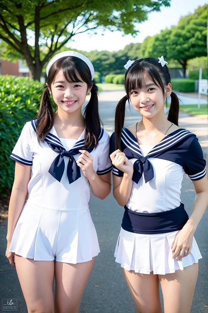 2 girls standing in school yard,short-sleeved white sailor one-piece swimsuit with navy blue speedo briefs,18-year-old,bangs,a little smile,thighs,knees,short hair with low pigtails bunches with red ribbon bow,from before,front light