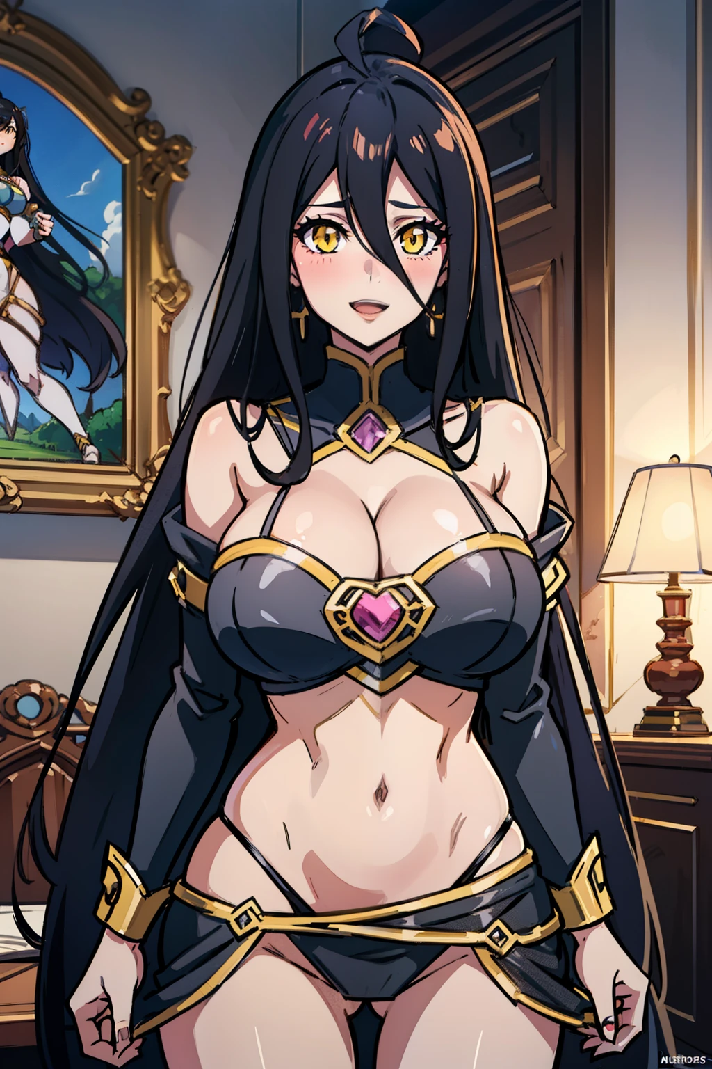 albedow, large breasts, long black hair, yellow eyes,  evil smile,  blush, lipstick, jewelry, earrings, masterpiece, best quality, highly detailed, fantasy , a anime girls in armored dress holding a sword
posing for a picture, evil smile, smile, open mouth, breastplate with open cleavage, cleavage, warrior
outfit, ecchi anime style, anime girls, ecchi style, (nsfw) not safe for work, ecchi, digital anime art!!, in
anime style, official artwork, visual novel cg, beautiful anime girl, anime style 4 k , loincloth, exposed
belly, exposed navel, exposed midriff, exposed lower belly, pencil skirt armored, castle,inside castle