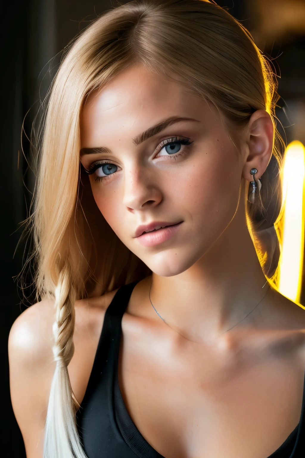 little Emma Watson, 18 years old, (taking selfies, Overhead view: 1,4), (straight half of the torso: 1,4), Portrait photo of a 24-year-old blonde in RAW UHD format (Blue-eyed woman), pigtails, The floor of the head is shaved bald, Walk down the dark alley, natutal breasts_b, night city, ( Tactical topics), (low-cut), ass, flirts with the camera, panty, in detail (textures!, hairsh!, glistering, a color!!, imperfections: 1.1), highly detailed glossy eyes, (is looking at the camera), specular lighting, DSLR camera, ultra quality, sharp-focus, sharpness, Depth of field, film grains, (centred), Fujifilm XT3, Crystal clear, big breastes, naked torso, The center of the frame, pretty face, sharp-focus, street lamp, neon lights, bokeh, (dimly lit), Low key, in night, (night sky ) detailed skin pores, oiled skin, suntan, Complex eye details