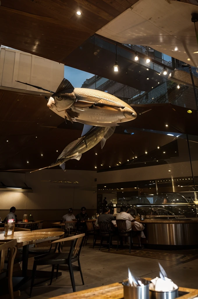 people sitting around and eating at an outdoor fish restaurant on a pier while a spaceship flies by in the distance, masterpiece, photo realistic, epic, best, futuristic restaurant scene