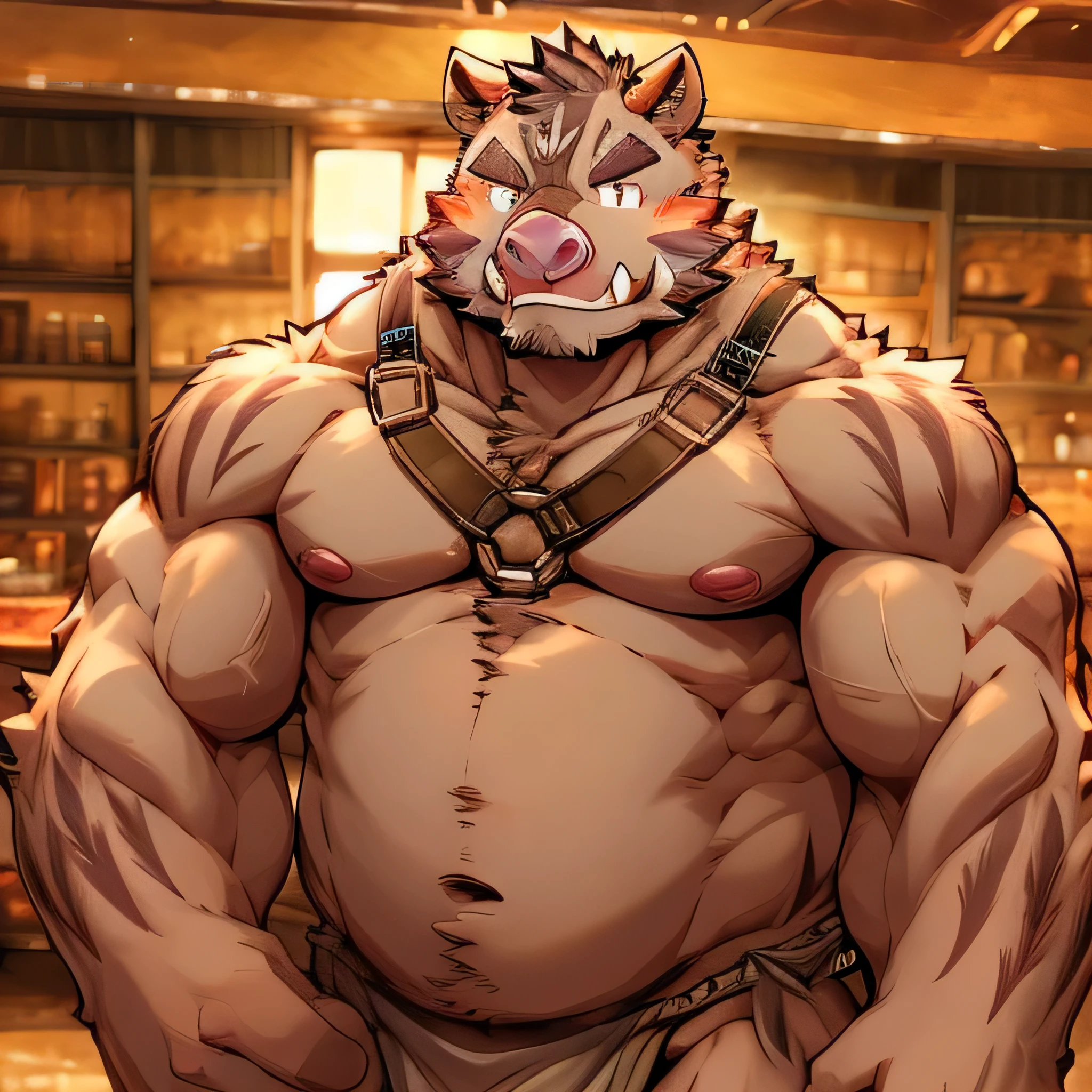 Furry Wild Boar, Kemono, Goggles, Wears a Harness, Loincloth, Hairy body, Pectorals, Erect nipples, Muscular fat man, Large bulge, chubby,