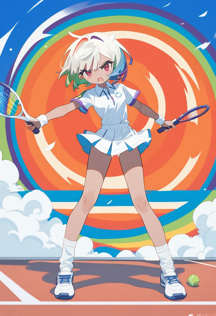 1girl,((rainbow hair)), short hair, tan skin) blue sportive clothes, short socks, tennis, dynamic pose, angry look full body, score_9,score_8_up,score_7_up,Expressive,rating_safe,(masterpiece, best quality)