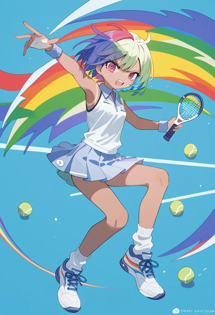 1girl,((rainbow hair)), short hair, tan skin) blue sportive clothes, short socks, tennis, dynamic pose, angry look full body, score_9,score_8_up,score_7_up,Expressive,rating_safe,(masterpiece, best quality)