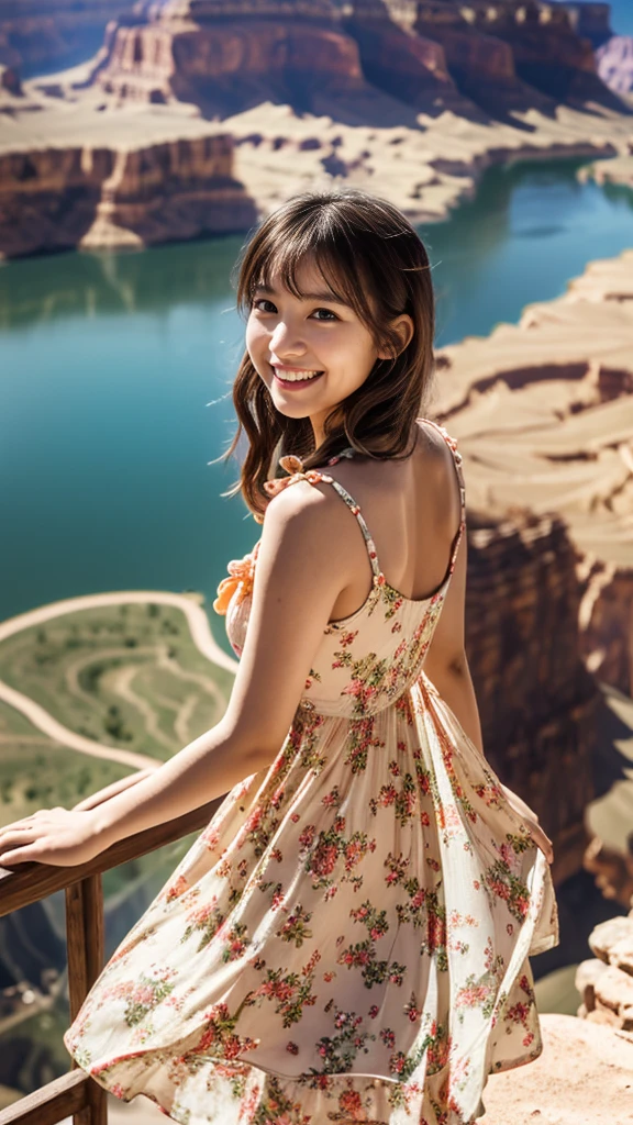 Master piece, CG Unity 8k walpaper, ((Realistic)), Ray Tracing, Beautiful 16 years girl, Korean realistic girl, Ultra Realistic, ultra HD, ((peach colour Sundress dress)), (floral Dress)), ((Grand Canyon River)), Standing beside River, River has Floting water, Canyon Mountains, Beautiful smile, ((smile)), cactus,