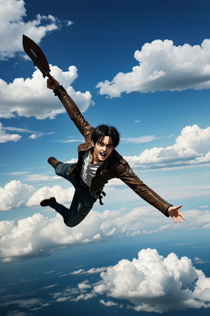 Eren Jeager flying among the clouds reflecting freedom with open arms