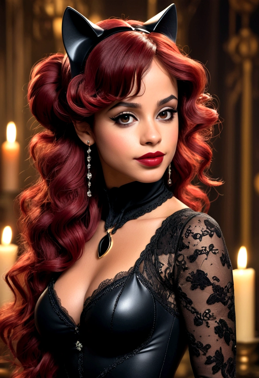 Full body shot Camila Cabello catwoman, ringlets wavy five feet long red hair, updo hairstyle with ponytail on one side and long hairpins holding the bun long braid, strong thighs, dark red glossy lips, heavy black eye shadow long black eyeliner, long sharp claws, black lace beautiful and creative catwoman bodysuit with no jewels, huge cleavage, clear ears no earrings, no earrings, no earrings, no earrings, no jewels, beautiful forehead lace ornament, posing in a feminine catwoman den, happy expression, dark ambience night time candle lights. No faces on her chest!