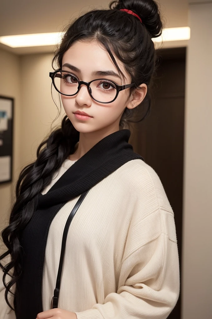 A girl, black hair, Curly hair tied in a low ponytail, about 16 years old, red glasses, with a little dark circles under her eyes, thick and arched eyebrows, slightly full lips, fair skin