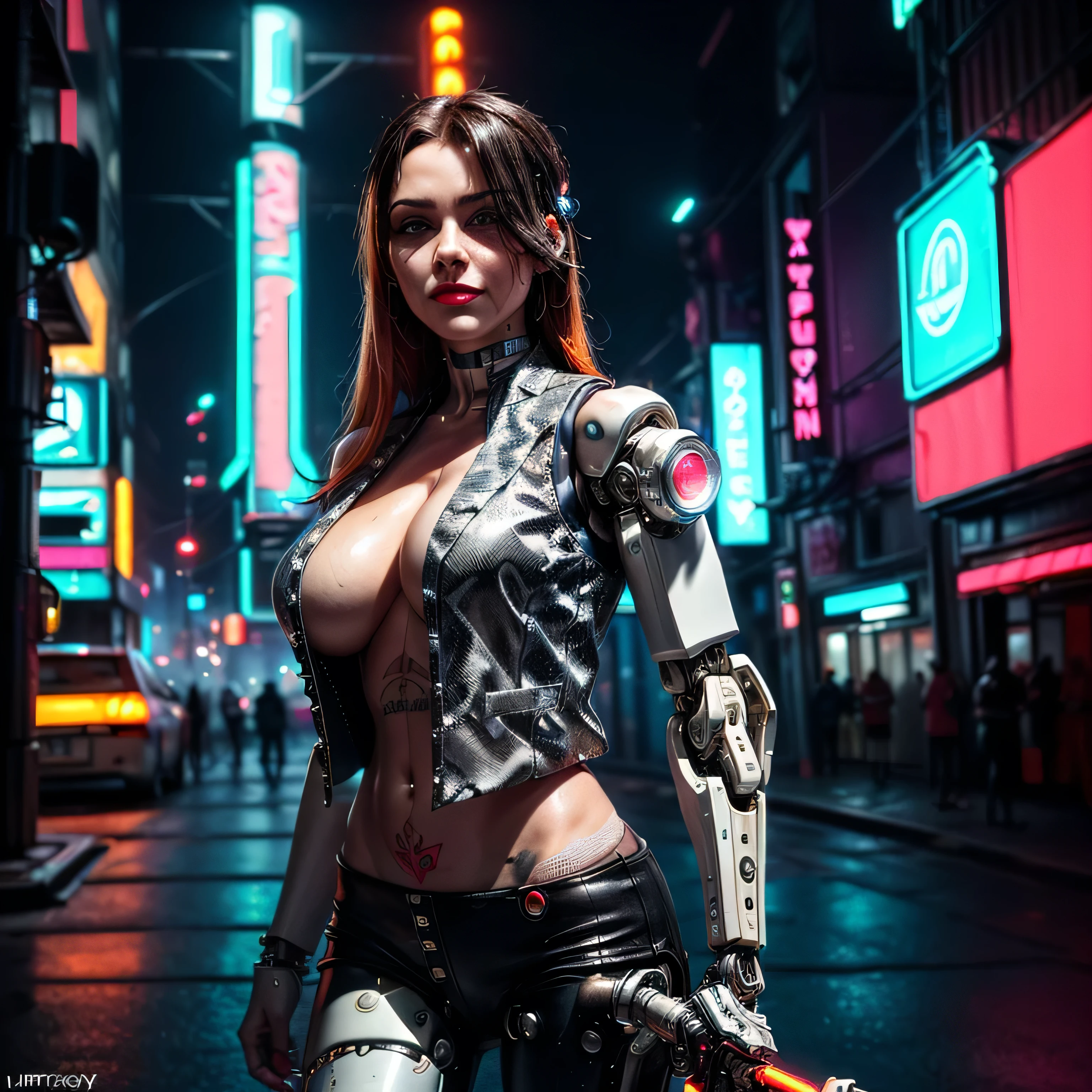 (masterpiece, photorealistic:1.4, extremely intricate:1.3), (photon mapping, radiosity, physically based rendering, ultra resolution, hyper-realistic, 8K), (((((mature female, [bodybuilder:supermodel:0.8], [large breasts:huge breasts:0.3], chrome rivets, ((white snakeskin leather vest, upper torso, humid, playful, mechanical cyborg arm, weapon), topless)), smirking, tattoo:1.4, 30 years old, elegant:1.2)), hands in white leather pants pockets, long eyelashes, ((makeup:1.2, red lips)), [skin detail:freckles:0.8]), (((((background futuristic neon cyberpunk city street cyberpunk))))) professional photograph, (((long straight hair [black hair:bright orange hair:0.8])))), BREAK ((sharp focus, dramatic, award winning, cinematic), bokeh, blurry background, interaction, metal reflections), bright eyes