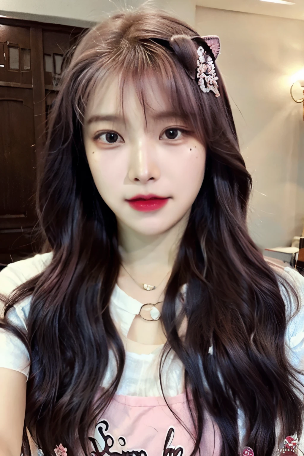 A old Korean girl, pale tea with pink undertones, black eyes, big feline expression, long wavy hair of a milk chocolate color, pompous lips