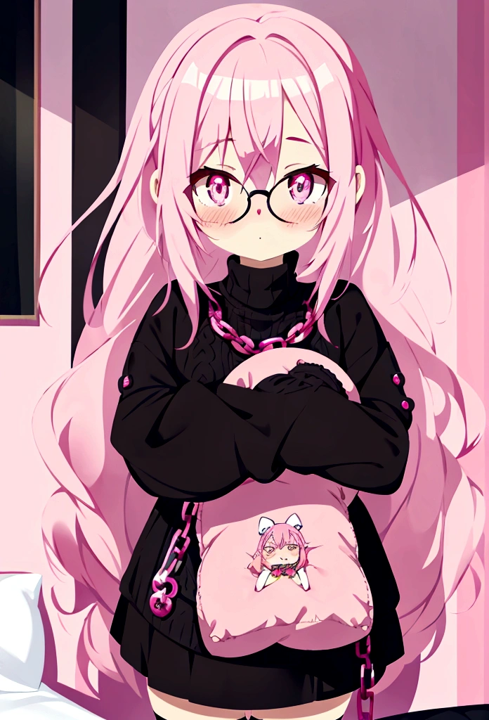 pink hair black glasses pink eyes extremely blushing a big pink sweater a short black skirt at the waist some chains black stockings that she is a reserved girl in her bed that she is hugging a stuffed animal of one among her