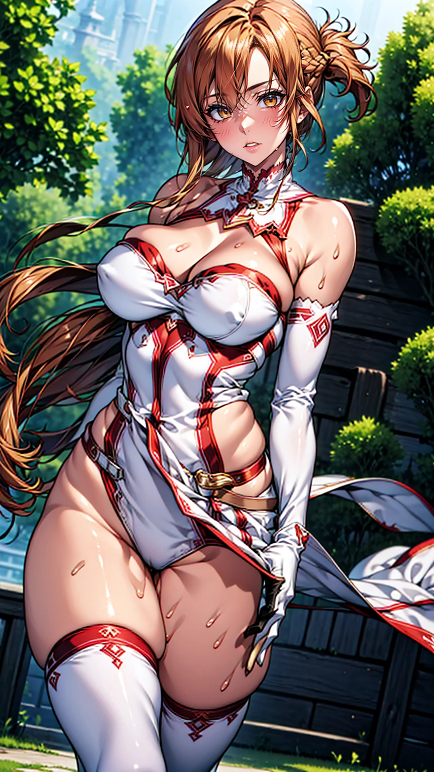 4K,High resolution,((masterpiece)), Highest quality, Very detailed,(One Girl),Yuki Asuna、Asuna (Stay), Brown eyes, Bare shoulders, , Long gloves, White gloves, (赤と白のdress), Long Hair, Beautiful background ,clothing, chest, Full body satin long gloves,,in the forest Knee-high socks、Long white elbow gloves, dress、Sexy、Brown Skin Camel Toe:1.4、(Sweat)、(vapor)、(((Long gloves:1.3)))、、Knee-high socks、Open your thighs wide to the left and right、crouch on the ground、Show the audience your crotch