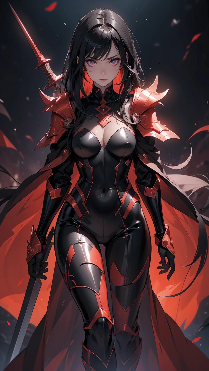 best quality, solo female, full-body, dark dragon bodysuit armor, remarcable shoulder pads, leg parts, matching parts, glowing red detail, medium black hair, detailed hair strands, red colored eyes, insane expression, holding a sword, night background, vibrant colors, sleek desing, metallic color, sci-fi style.