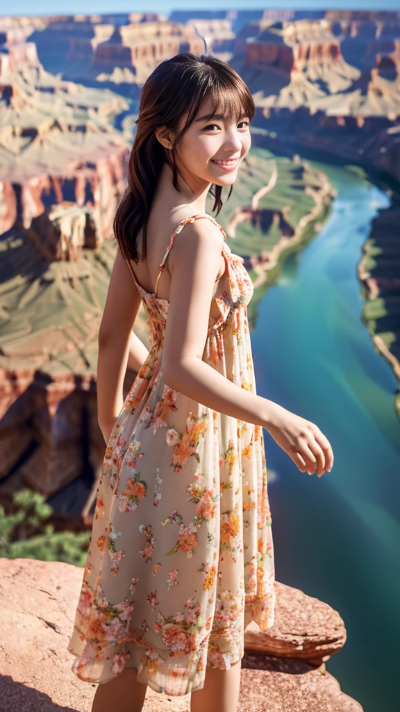 Master piece, CG Unity 8k walpaper, ((Realistic)), Ray Tracing, Beautiful 16 years girl, Korean realistic girl, Ultra Realistic, ultra HD, ((peach colour Sundress dress)), (floral Dress)), ((Grand Canyon River)), Standing beside River, River has Floting water, Canyon Mountains, Beautiful smile, ((smile)), cactus,