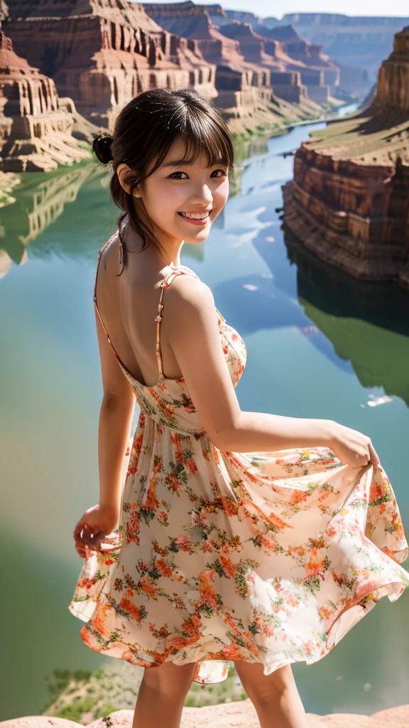 Master piece, CG Unity 8k walpaper, ((Realistic)), Ray Tracing, Beautiful 16 years girl, Korean realistic girl, Ultra Realistic, ultra HD, ((peach colour Sundress dress)), (floral Dress)), ((Grand Canyon River)), Standing beside River, River has Floting water, Canyon Mountains, Beautiful smile, ((smile)), cactus,
