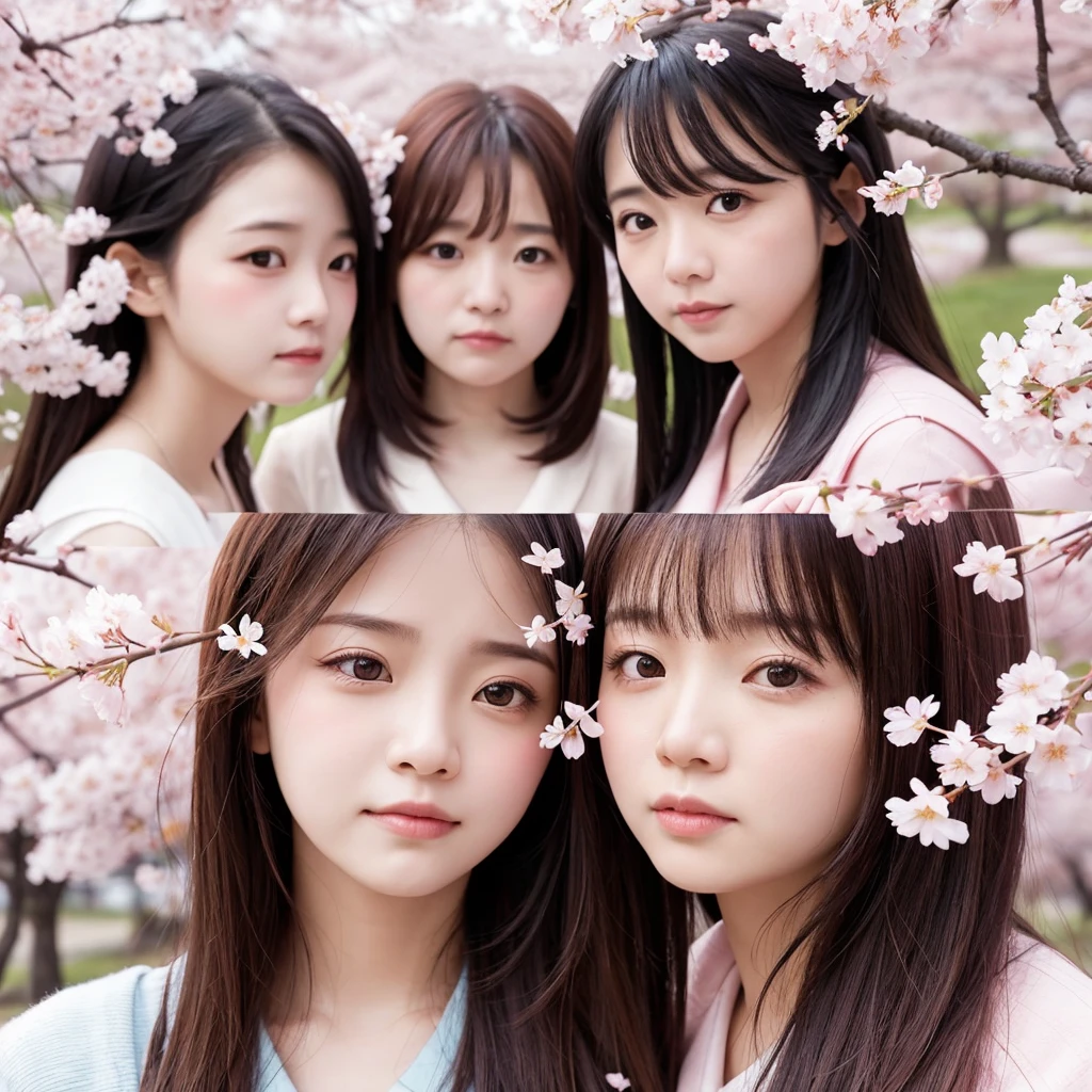 Three cute, beautiful women with sad expressions, surrounded by falling cherry blossoms. Close-up shots and soft lighting, the background is filled with delicate falling cherry blossoms.