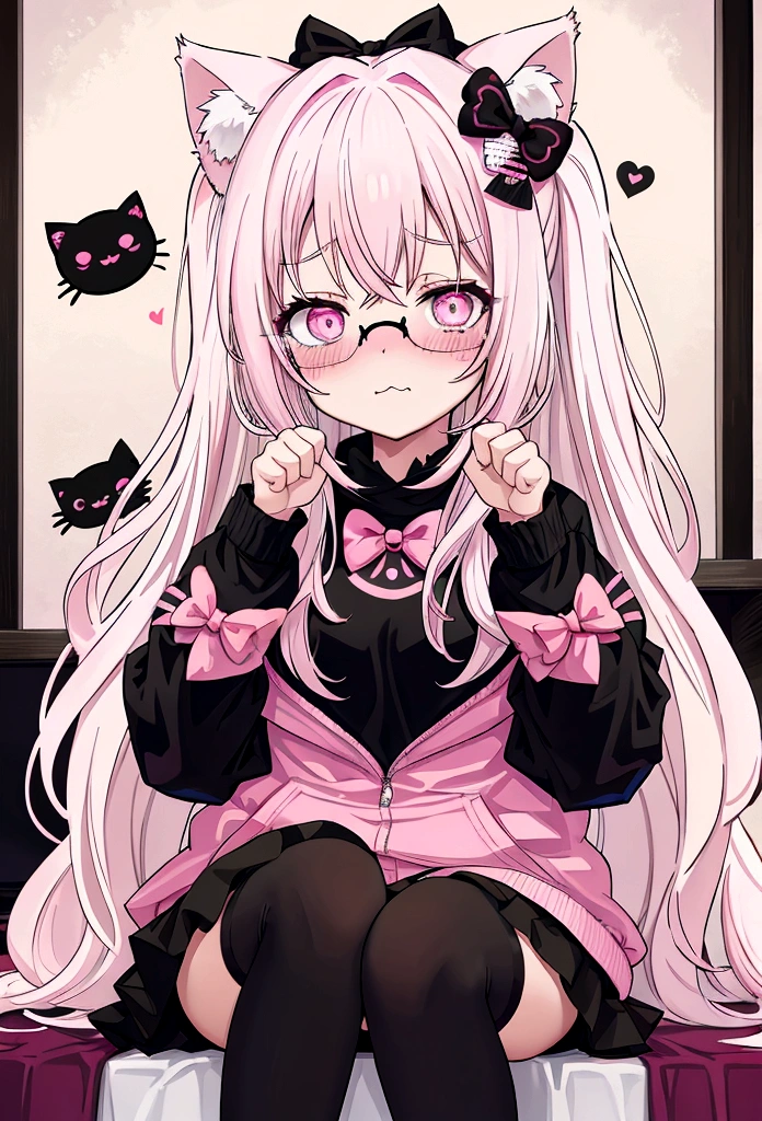 I have white pink hair, cat ears, a bow, my face is super blushing, black glasses, pink heart eyes, a big pink sweatshirt, a black skirt, black stockings, what&#39;s up, barefoot, a cat&#39;s tail, a girl Very shy