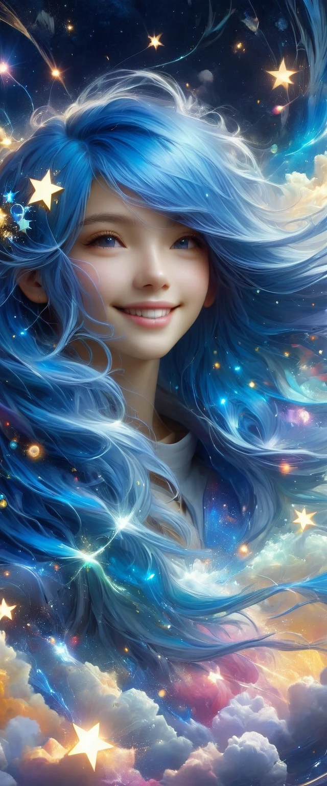masterpiece, best quality, Aesthetic, fantasy, illusion, 1 Girl, cute女孩的照片, detailed face, Relaxed smile, charming, 不symmetry头发, Swaying hair, Electric blue hair, glow, cloud, color斑斓的天空, Star, shattered, Space style, Vortex Magic Style, Silva Magic Style, legendary, outstanding, Beautifully, elegant, luxury, Creative, beautiful classic contemporary detailed cinematic composition, Expressive and dynamic dramatic atmosphere, Spectacular lighting, symmetry, detailed, 丰富的color, Environmental background, Inspiring, cute、magnificent、Clarity、Wonderful、Surreal、Perfect、complex、color, Astonishing, epic, huge, imposing, amazing, strange, fascinating, huge