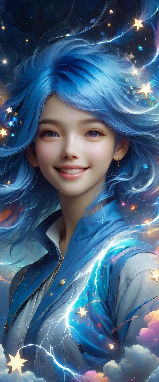 masterpiece, best quality, Aesthetic, fantasy, illusion, 1 Girl, cute女孩的照片, detailed face, Relaxed smile, charming, 不symmetry头发, Swaying hair, Electric blue hair, glow, cloud, color斑斓的天空, Star, shattered, Space style, Vortex Magic Style, Silva Magic Style, legendary, outstanding, Beautifully, elegant, luxury, Creative, beautiful classic contemporary detailed cinematic composition, Expressive and dynamic dramatic atmosphere, Spectacular lighting, symmetry, detailed, 丰富的color, Environmental background, Inspiring, cute、magnificent、Clarity、Wonderful、Surreal、Perfect、complex、color, Astonishing, epic, huge, imposing, amazing, strange, fascinating, huge