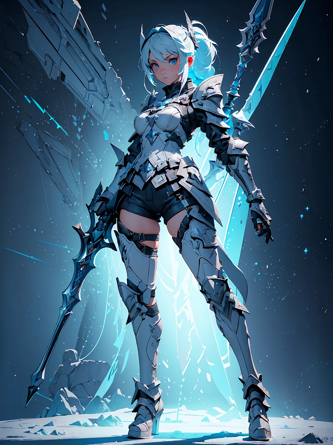 (((masterpiece, best quality, high detailed, 8k))) Design a layout showcase Gaming character, (1girl). Blue|Silver clothes, stylish and unique. ((showcase weapon:1.4)), bow and arrows. (masterpiece:1.2), (best quality), 4k, ultra-detailed. (Step by step design, layout art:1.5), (luminous lighting, atmospheric lighting). archer, ((glove full hands)), (((revealing clothes:1.3))), vambraces, armored legwear, (((full_body_shot:1.4))). {On a snowy mountain}.(((3d render, zbrush)))