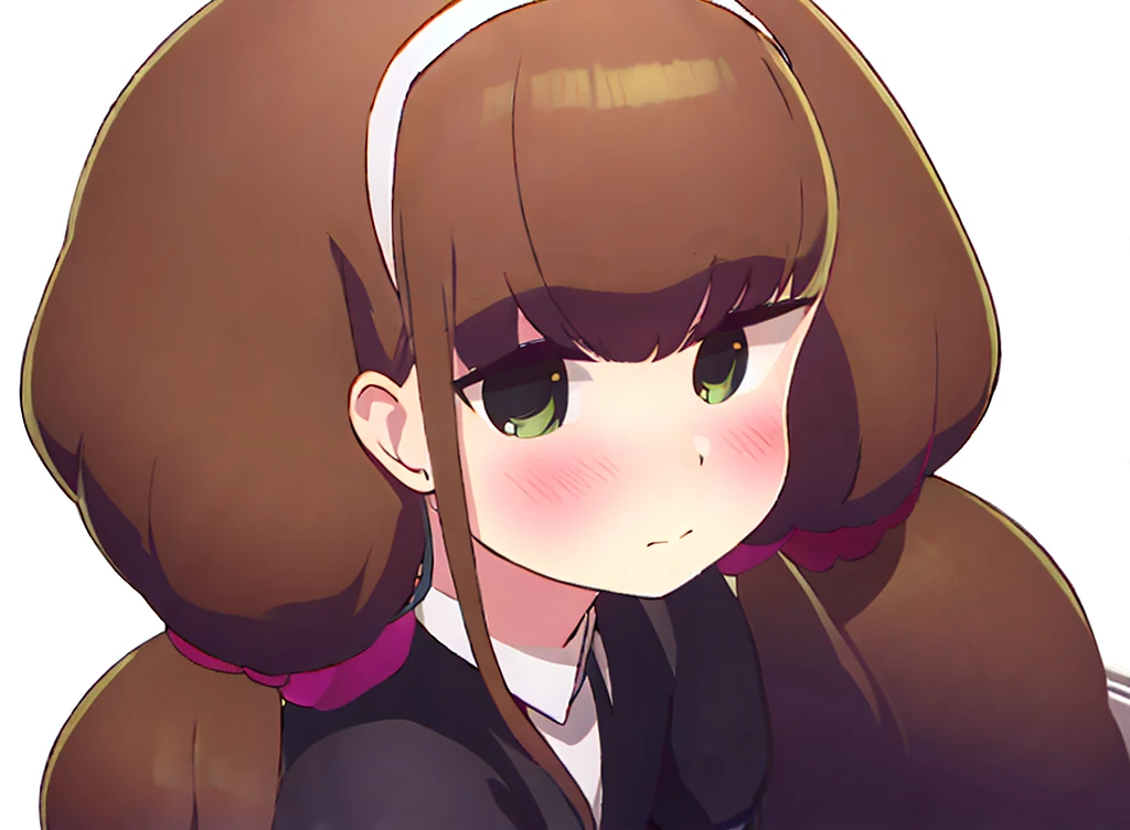 futaba,1girl,solo, brown hair, hairband, purple eyes, blush,looking at viewer, closed mouth, bangs, dress, green hairband,dress,twintails, white background