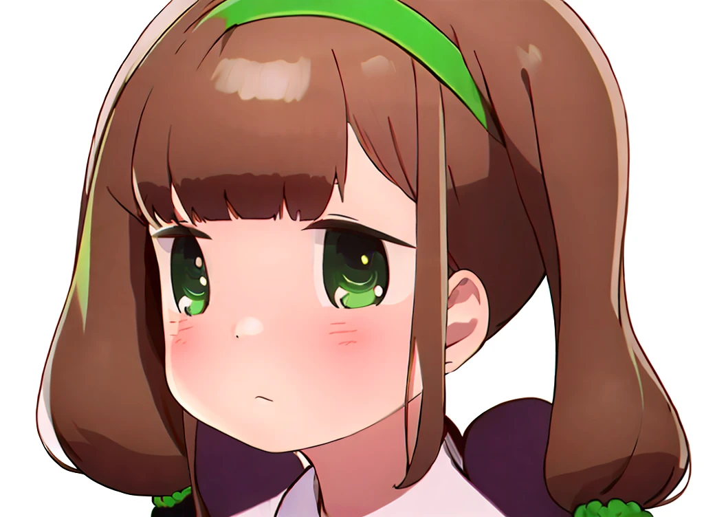 futaba,1girl,solo, brown hair, hairband, purple eyes, blush,looking at viewer, closed mouth, bangs, dress, green hairband,dress,twintails, white background