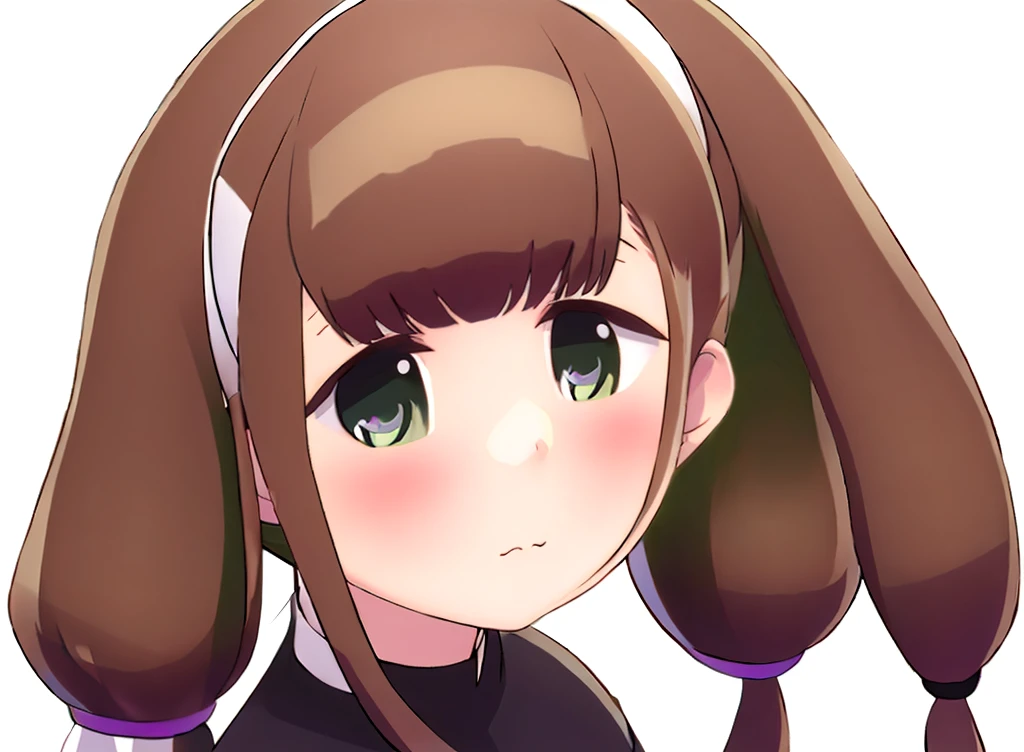 futaba,1girl,solo, brown hair, hairband, purple eyes, blush,looking at viewer, closed mouth, bangs, dress, green hairband,dress,twintails, white background