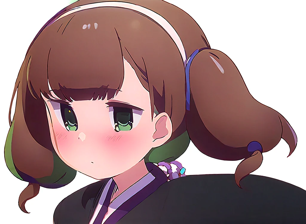 futaba,1girl,solo, brown hair, hairband, purple eyes, blush,looking at viewer, closed mouth, bangs, dress, green hairband,dress,twintails, white background