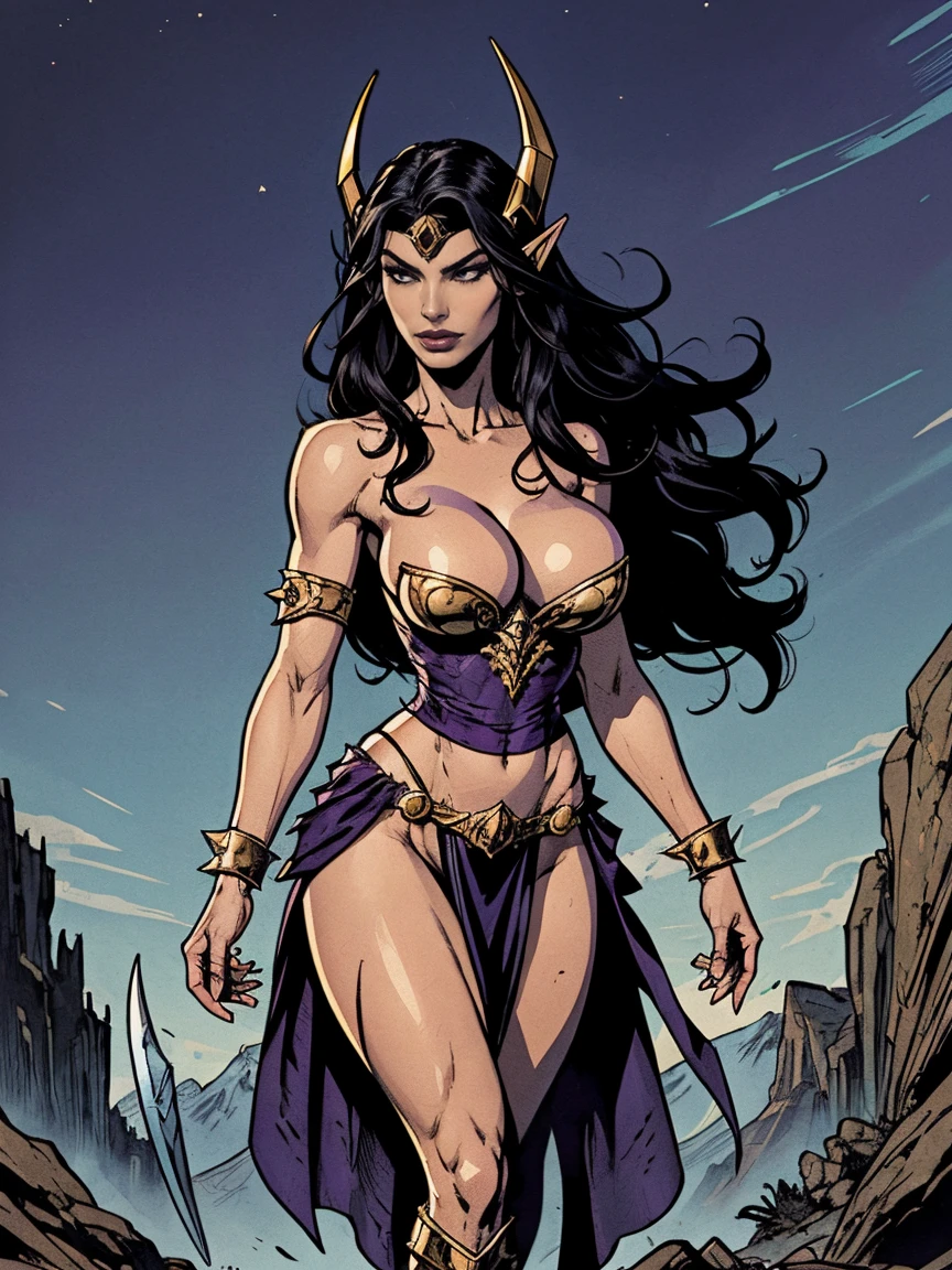 (masterpiece, top quality, best quality, official art, beautiful and aesthetic:1.2), (1girl:1.3), ((Sharp facial features, sharp features, hawkish features)), ((big hair, long elf ears, long black hair)), (((pale purple skin, pale blue skin, blue skin, purple skin))), big tiddy dark elf girl, extremely detailed, portrait, looking at viewer, solo, (full body:0.6), detailed background, full-body shot, (cold night mountain theme:1.1), dark elf war dancer, (spiky winged helmet), charlatan, smirk, mysterious, swaying in mountains, skimpy attire, revealing gladiatrix costume, ebony metal, gold filigree, gold bikini, circlet, metal bikini, long boots, dual knives, blood red fabric, pelvic curtain, loincloth, black leather, ((((topless, gigantic , cleavagentation, long legs, pelvic curtain)))), cute belly button, toned t, slim waist, slim hips, long legs, medieval (mountain exterior:1.1) background, dark mysterious lighting, shadows, magical atmosphere, dutch angle