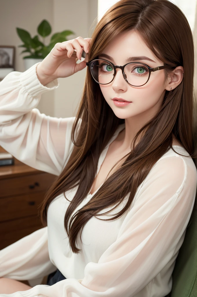A white woman with green eyes and brown hair who wears round glasses