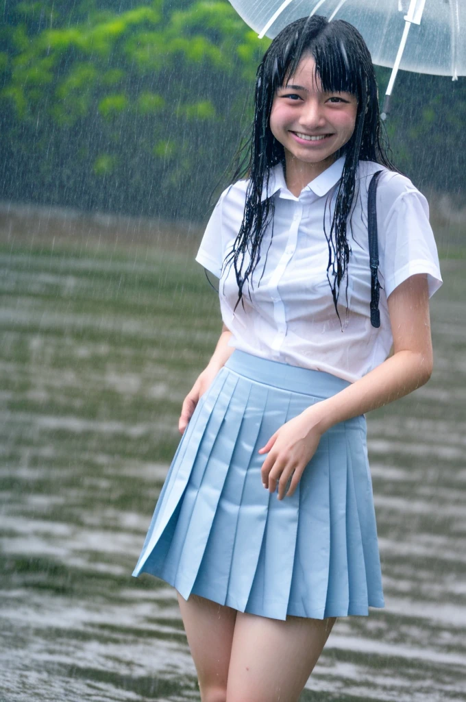 Highest quality, Ultra-high resolution, Japanese , high school,16 years old ,small breasts, under a wet transparent white shirt, skirt , conversation, smile, beach, hard rain, wet transparent light blue short skirt lift,  drenched in rain