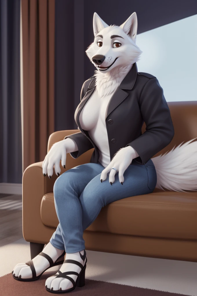 Barbara\(Moscow\), (white body:1.3), white fur, Brown eyes, Moscow, dressed, denim jacket, jeans, pink open-heeled sandals, dog, wolf, Detailed fur, Woman, breasts, anthro, paw pads , finger claws, treats guests, waving to the viewer, 5 fingers, paws, 4 toes, ring, sitting at home
BREAK from nextel, for dating, from xenoforge, (complex, high detail, film shooting, soft focus, RAW sitting at home,
Photorealism, realism, photorealism, digital style, Subsurface scattering,
masterpiece, Best quality, ultra realistic, 8k)