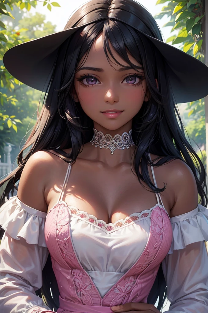 a young adult colombian woman with long silky black hair, dark skin, dark eyes, wearing a vibrant pink long dress, tender smile, detailed face, beautiful detailed eyes, beautiful detailed lips, extremely detailed skin, delicate features, natural lighting, warm colors, hyperrealistic, 8k, high quality, elegant, portrait