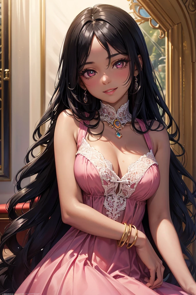 a young adult colombian woman with long silky black hair, dark skin, dark eyes, wearing a vibrant pink long dress, tender smile, detailed face, beautiful detailed eyes, beautiful detailed lips, extremely detailed skin, delicate features, natural lighting, warm colors, hyperrealistic, 8k, high quality, elegant, portrait