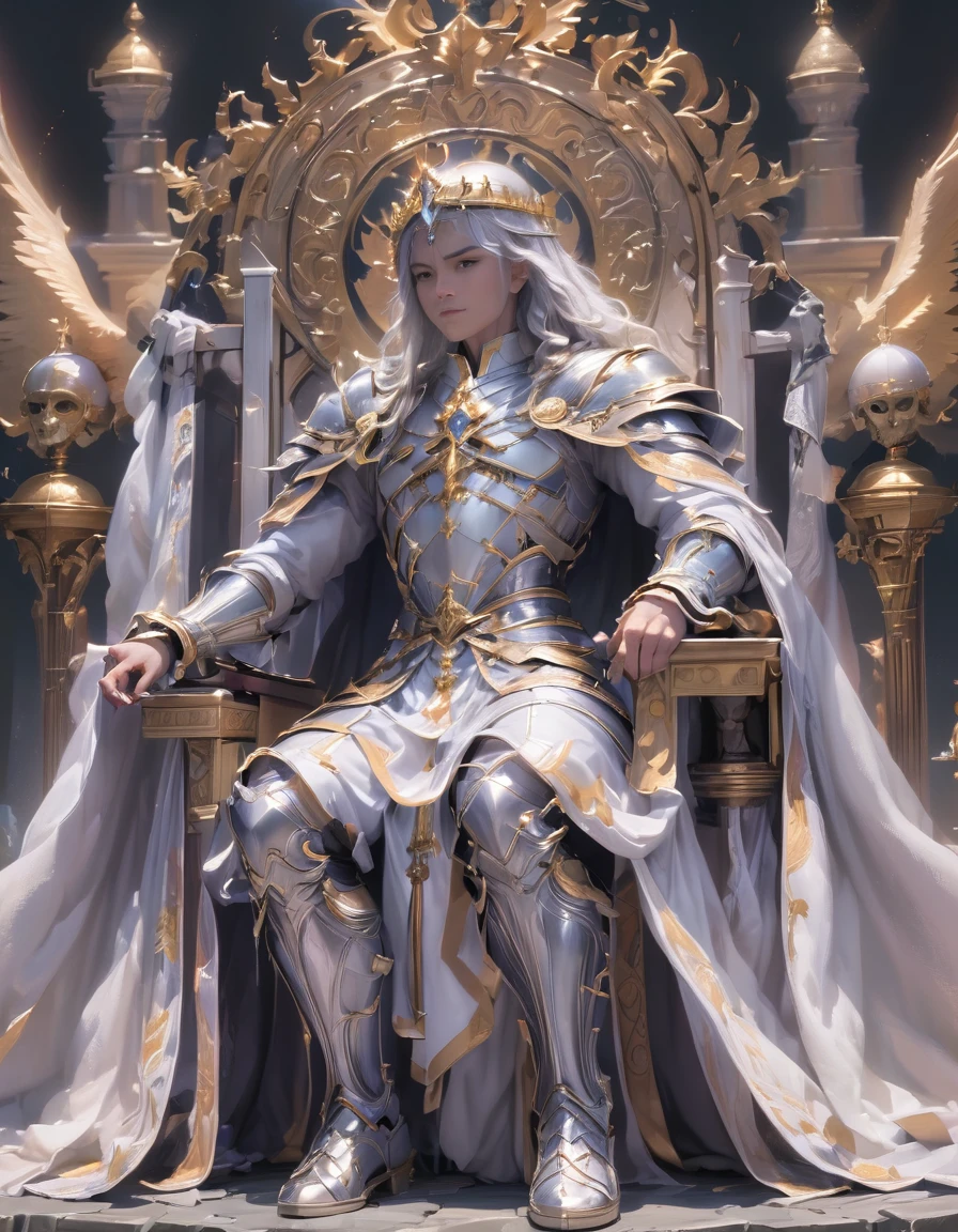 Kindly, Generate an image of an imposing man wearing a crown on his head, Sitting authoritatively on a special throne，This throne is located in the center of the radiant cross. He wears a white cloak，Flow around him, Adding a touch of mystery to his figure. In one of your hands, He held a staff that looked majestic. The whole scene takes place during the day, The cobblestone streets cast deep shadows. Around the throne, holy light, Crackling and shining;, Cast a sinister glow around you. His glow disturbed the whole scene。Around the throne，Standing are four Valkyries with different looks and figures, full of divinity，Fence the throne，The combination of daylight and flame creates dramatic contrasts, Revealing the details of the throne, 3d