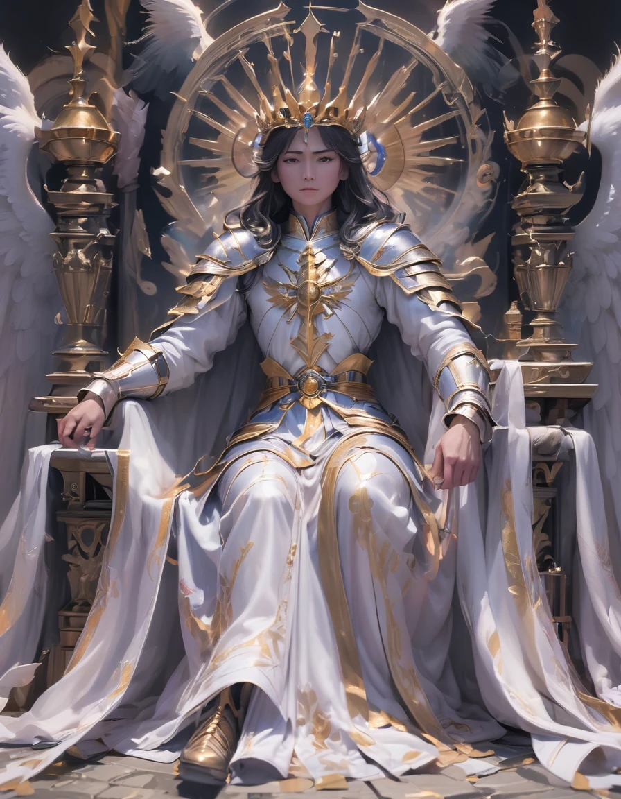 Kindly, Generate an image of an imposing man wearing a crown on his head, Sitting authoritatively on a special throne，This throne is located in the center of the radiant cross. He wears a white cloak，Flow around him, Adding a touch of mystery to his figure. In one of your hands, He held a staff that looked majestic. The whole scene takes place during the day, The cobblestone streets cast deep shadows. Around the throne, holy light, Crackling and shining;, Cast a sinister glow around you. His glow disturbed the whole scene。Around the throne，Standing are four Valkyries with different looks and figures, full of divinity，Fence the throne，The combination of daylight and flame creates dramatic contrasts, Revealing the details of the throne, 3d