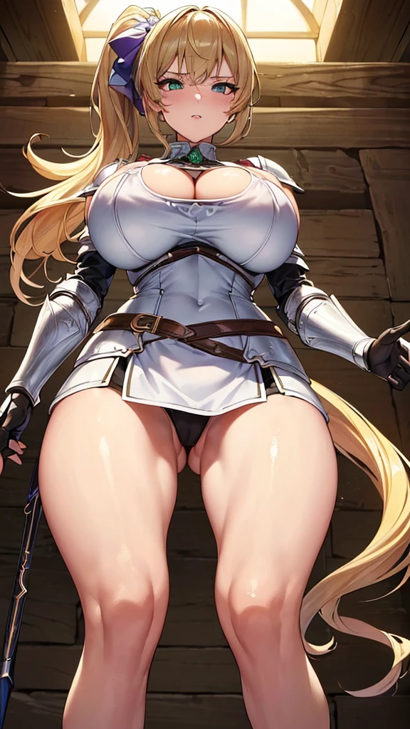 ((masterpiece)), ((high quality)), ((super detailed)), ((high resolution)) ,((8k)), a beautiful woman, ((She is one of the most famous female Thief)), unparalleled beauty, ((huge breast)), ((large ass)), ((deep cleavage)), slim waist, chest out, ultra detailed face, perfect skin, (((Blonde hair in a side ponytail))), Green eyes,  detailed eyes, whole body image, (((anime))), ((glamorous)), 21 years old, ((incredibly beautiful woman)), ((The G cup bust)),  ((((Light Armor, Light clothing)))),  ((beautiful breasts)), beautiful legs, 8 life size, anime, the most beautiful, ((charm)), ((Grown-up face)), ((Perfect fingers)), ((Bewitching)), ((A young heroine)), ((((from below)))), ((Inside the dungeon, Adventurer)),