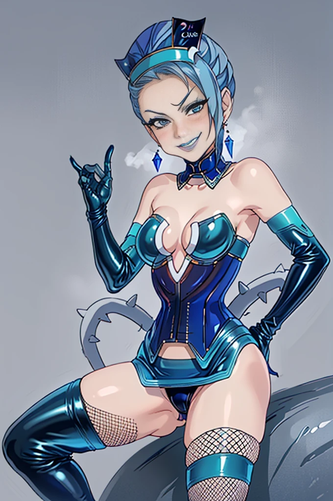 (((Yankee sitting)))、(((open legs:1.4)))、(((Wide-open legsでしゃがむ)))、(((Squat with your legs spread in an M-shape)))、BDSM、Queen、mistress、(((One girl)))、solo:1.8、(((Blue latex elbow gloves:1.4 )))、(((Blue latex corset dress:1.4)))、(((The corset dress is decorated with beautiful lace.)))、(((Corset dress with shoulder straps)))、(((Blue latex tight mini skirt:1.4)))、(((青いThigh-high boots)))、(((Black fishnet stockings:1.2 )))、(((Stiletto heels:1.4)))、(((Black latex panties)))、(((Black latex bra)))、(((Black leather collar)))、(((Sexy pose:1.4 )))、Wide-open legs:1.2、(((Erotic)))、(((Cowboy Shot)))、(masterpiece, Highest quality:1.2), alone, One girl, TNB Blue Rose, smile, View your viewers, Have, Elbow hand pockets, Thigh-high boots, Head ornament、Crystal Earrings, Bare shoulders, Cleavage、Wicked Smile、(((smirk)))、blush