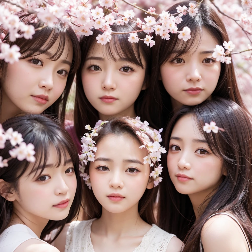 Three cute, beautiful women with sad expressions, surrounded by falling cherry blossoms. Close-up shots and soft lighting, the background is filled with delicate falling cherry blossoms.